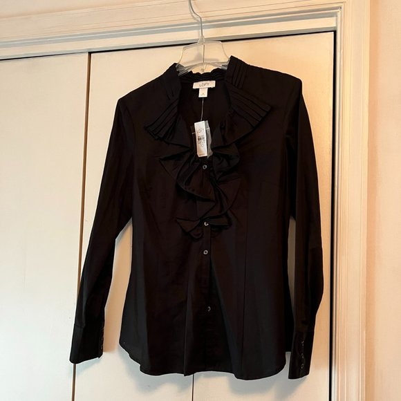 Loft Black Ruffle Front Button Down Blouse - 10 - Picture 1 of 4